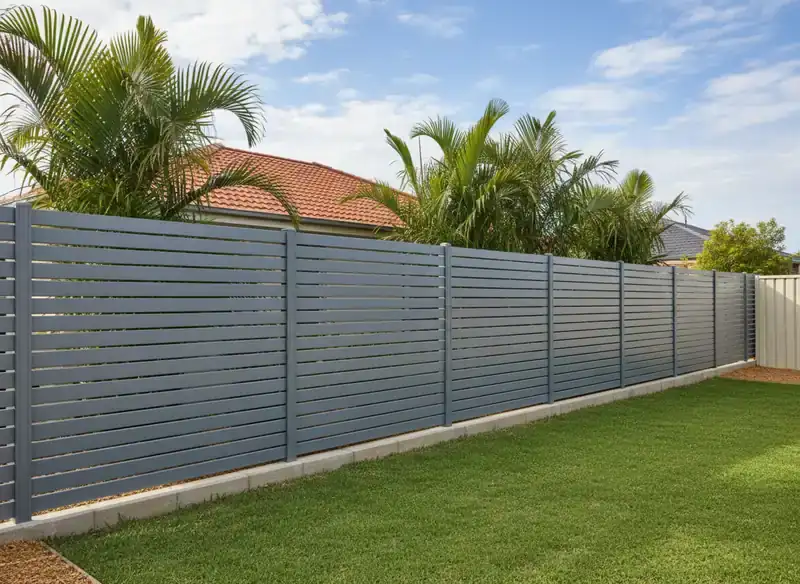 fencing springfield: grey horizontal aluminium slat fence on a concrete base beside a green lawn and palm trees