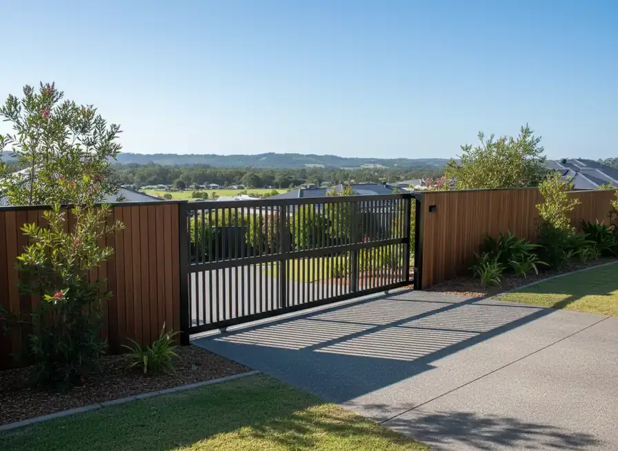 fencing springfield: black metal driveway gate set between timber-look fence panels above a concrete driveway