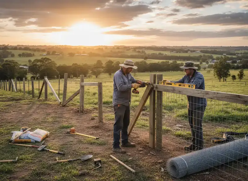 fencing springfield: two workers repairing a wire mesh and timber rail fence in a paddock at sunset, tools on the ground