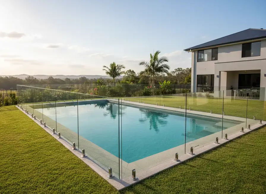 fencing springfield: glass pool fence with metal clamps around a pool beside a two-storey rendered house